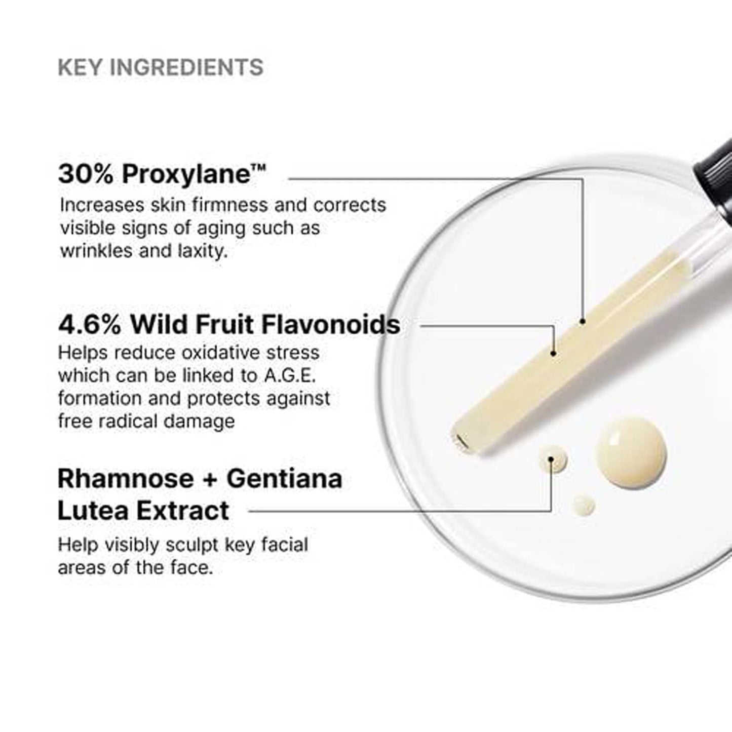 SkinCeuticals A.G.E. Interrupter Ultra Serum The Facial Maestro, Product key ingredients with a dropper and cream on a white background