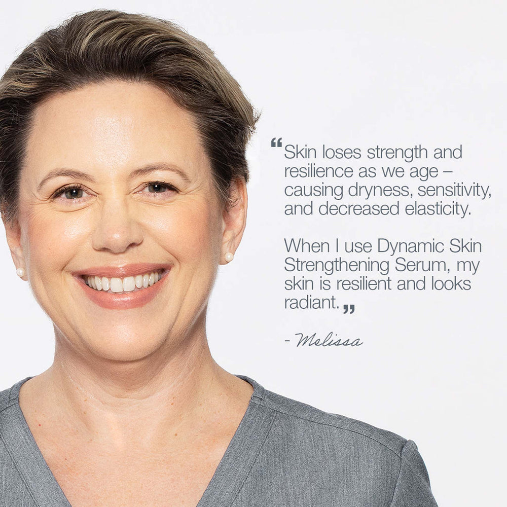 Woman with a smile, wearing a gray shirt, with text about skin care on a white background