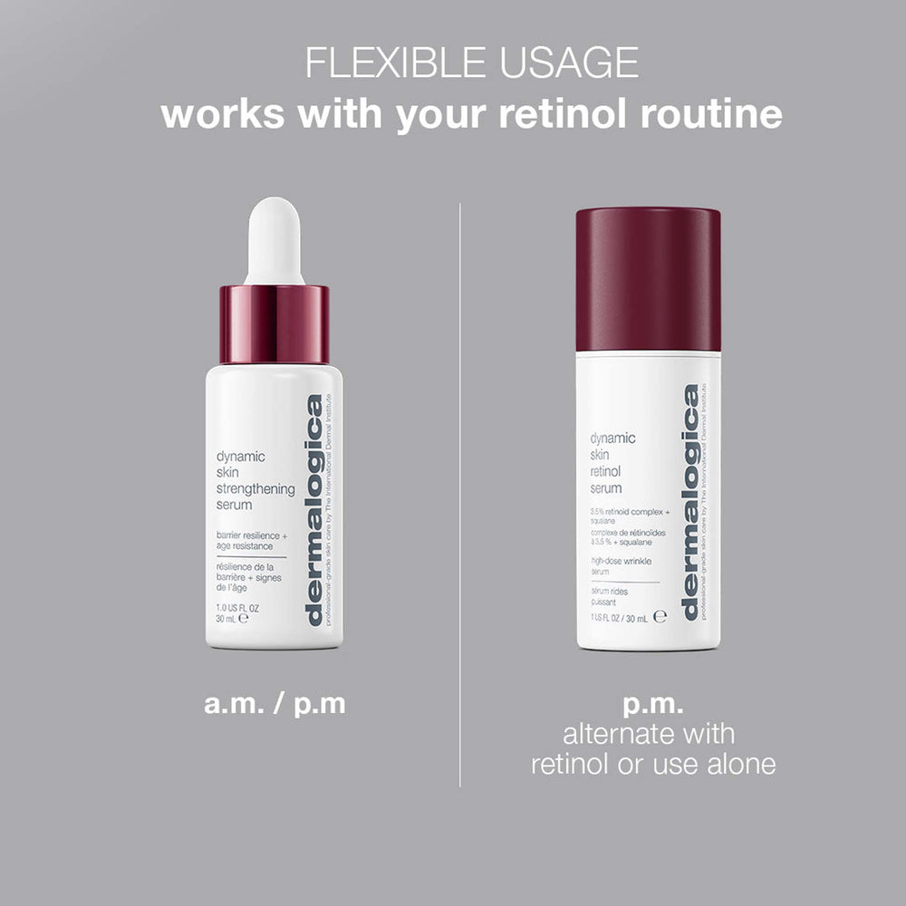 Two skincare products from Dermalogica with text about flexible usage for retinol routine on a gray background.