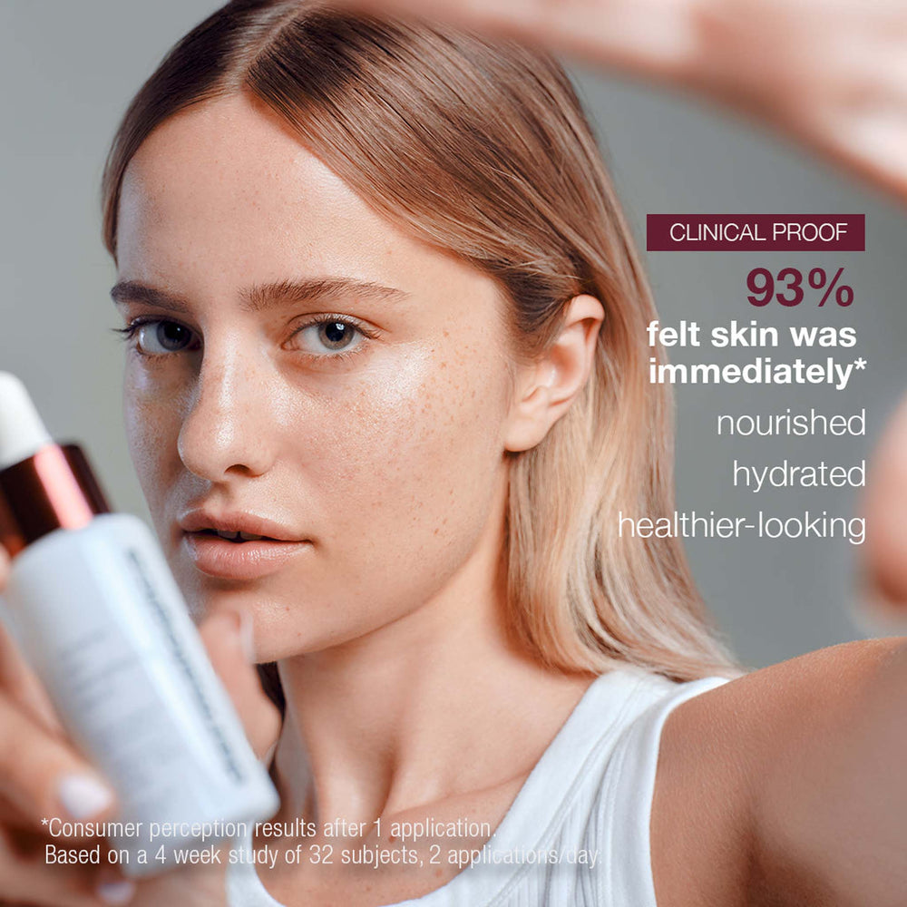 Woman holding a skincare product with text about clinical proof on a gray background