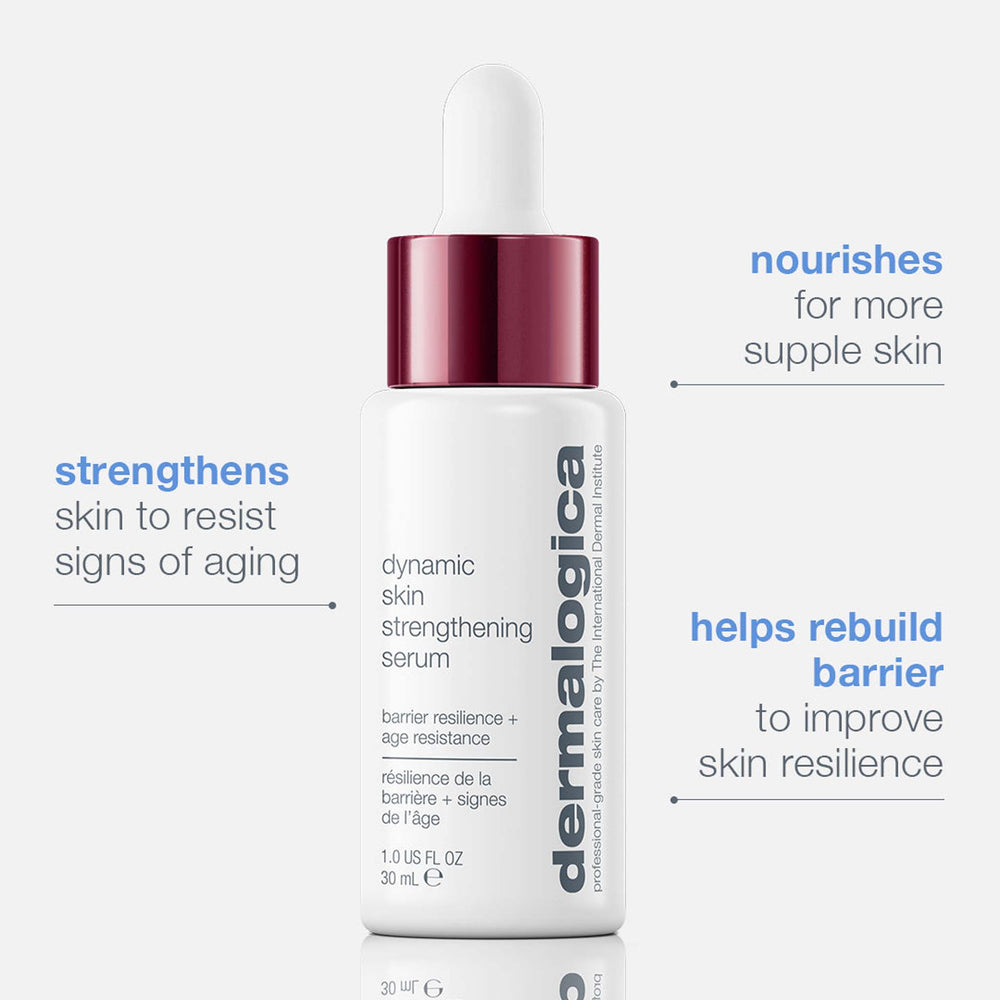 Dermalogica dynamic skin strengthening serum bottle with text on a white background