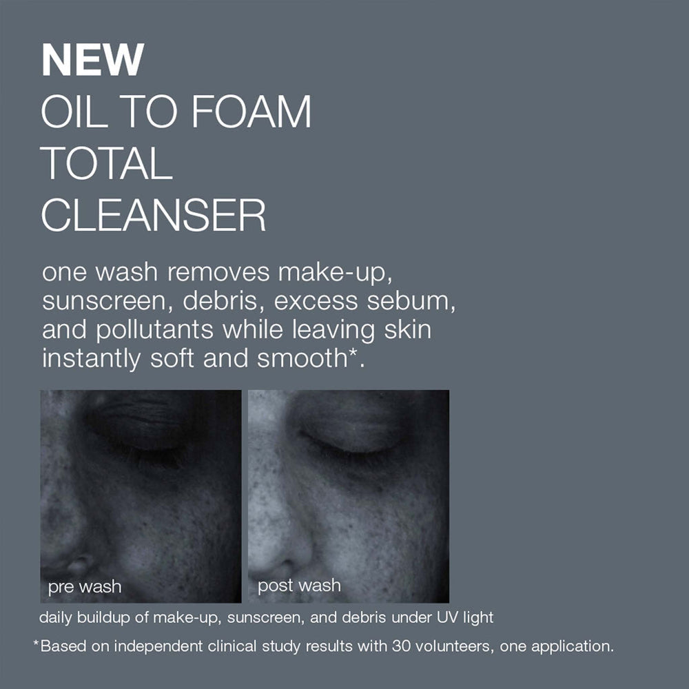 Advertisement for dermalogica oil to foam total cleanser with before and after effects on skin.