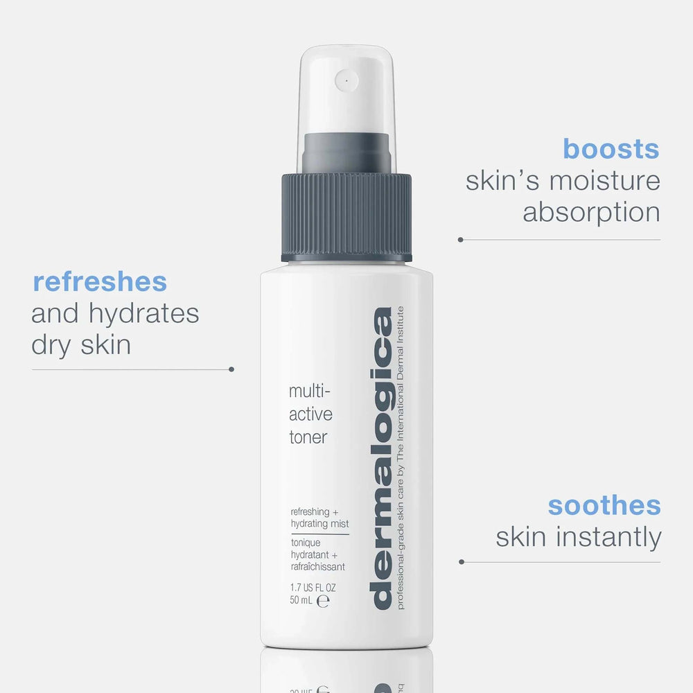 Dermalogica multi-active toner bottle with text highlighting benefits on a white background