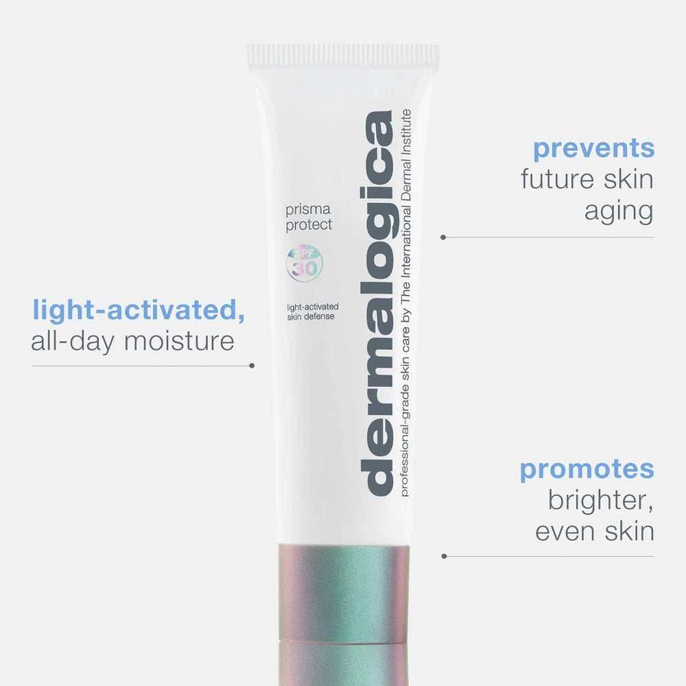 Dermalogica prisma protect with text highlighting features on a white background