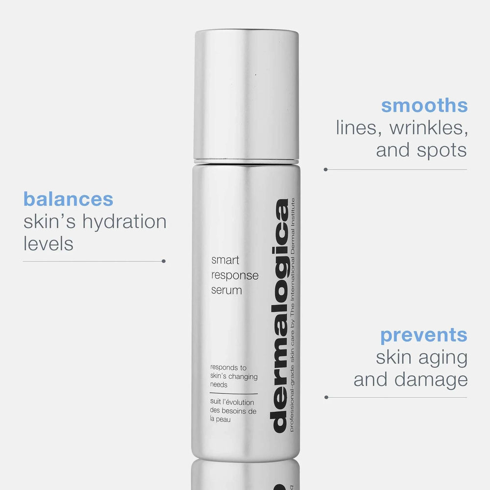 Dermalogica smart response serum bottle with text highlighting product benefits on a white background